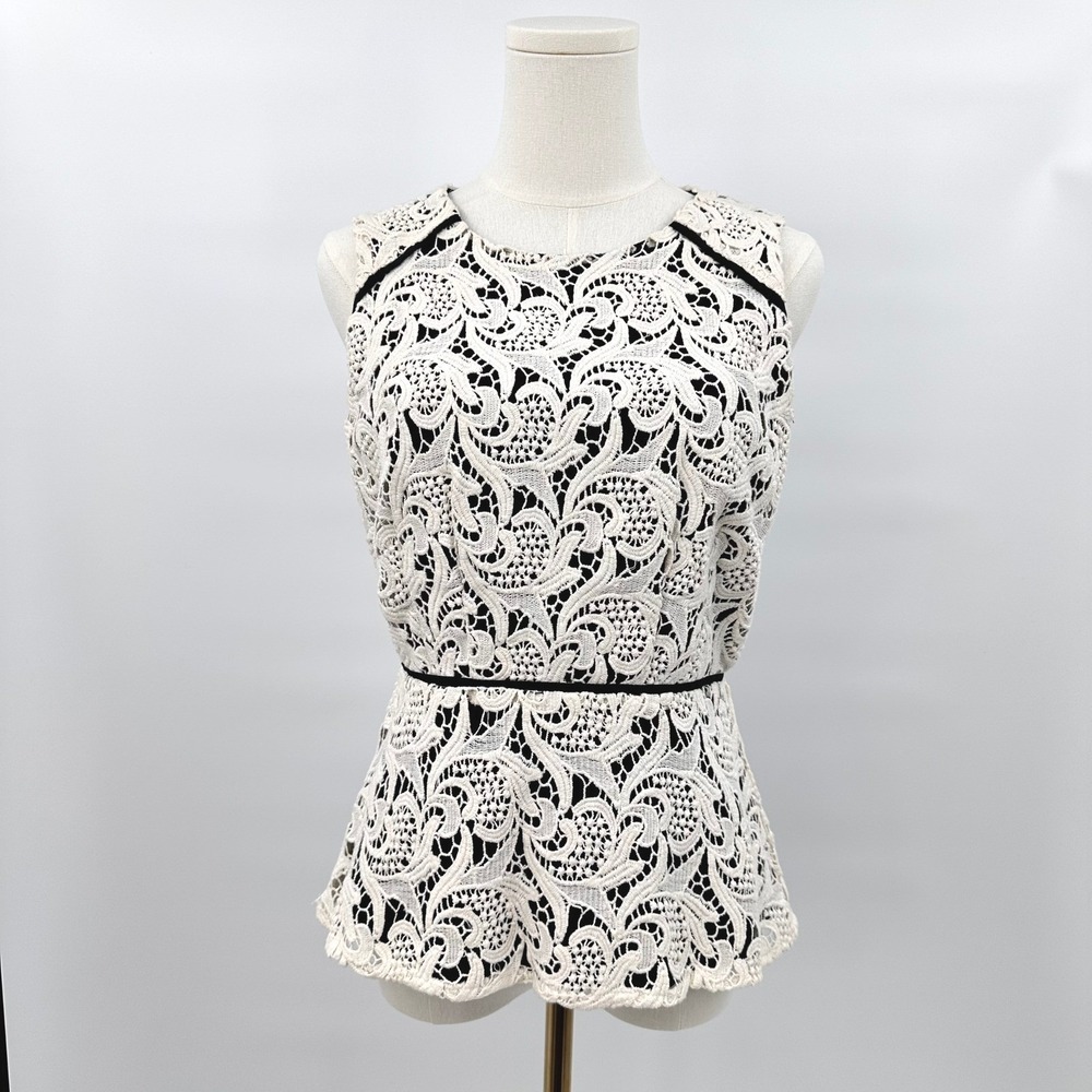 Maeve Cream Lace Overlay Peplum Top with Black Underlay